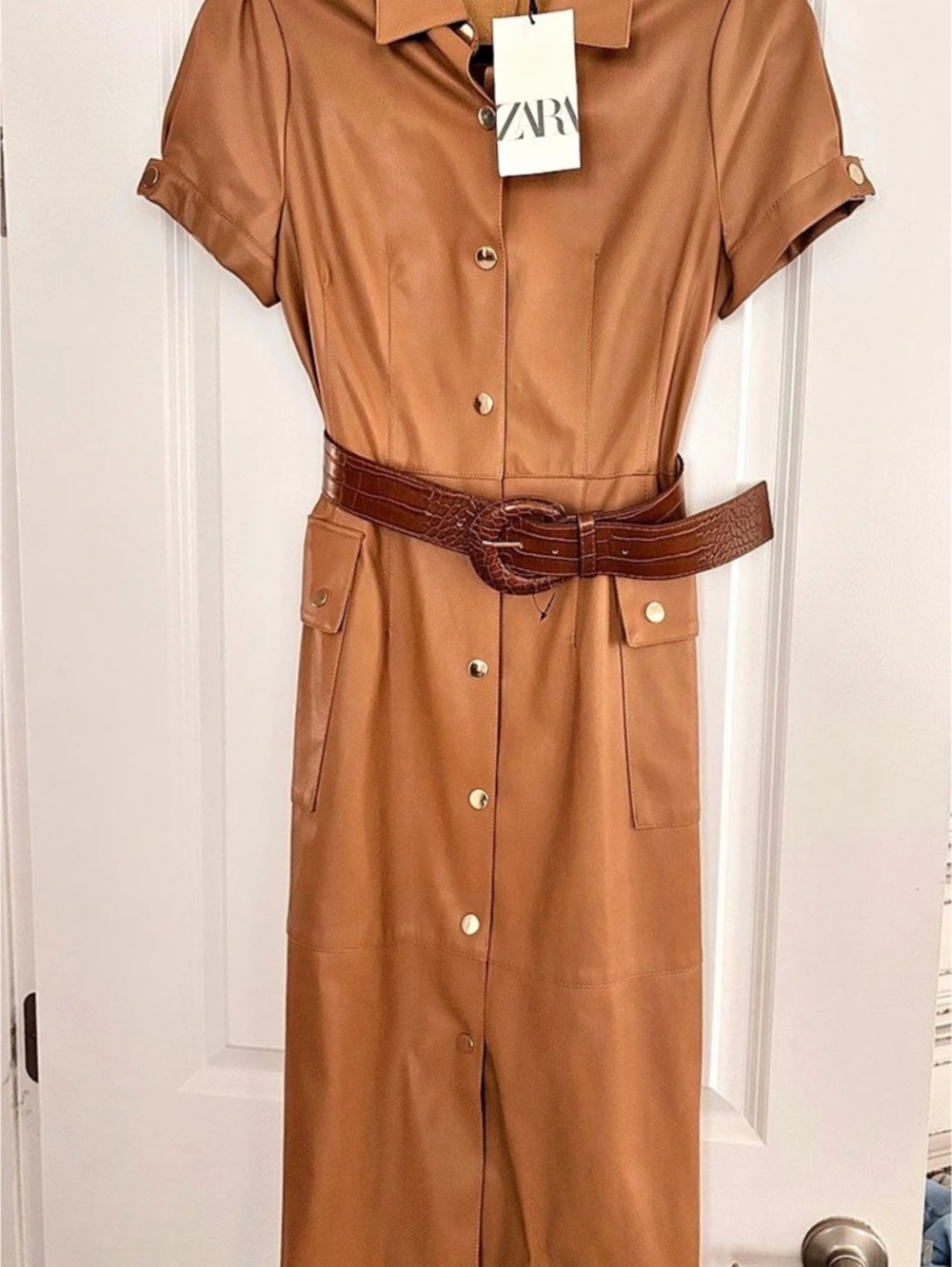 Zara Faux Leather Midi Dress with Belt in Brown